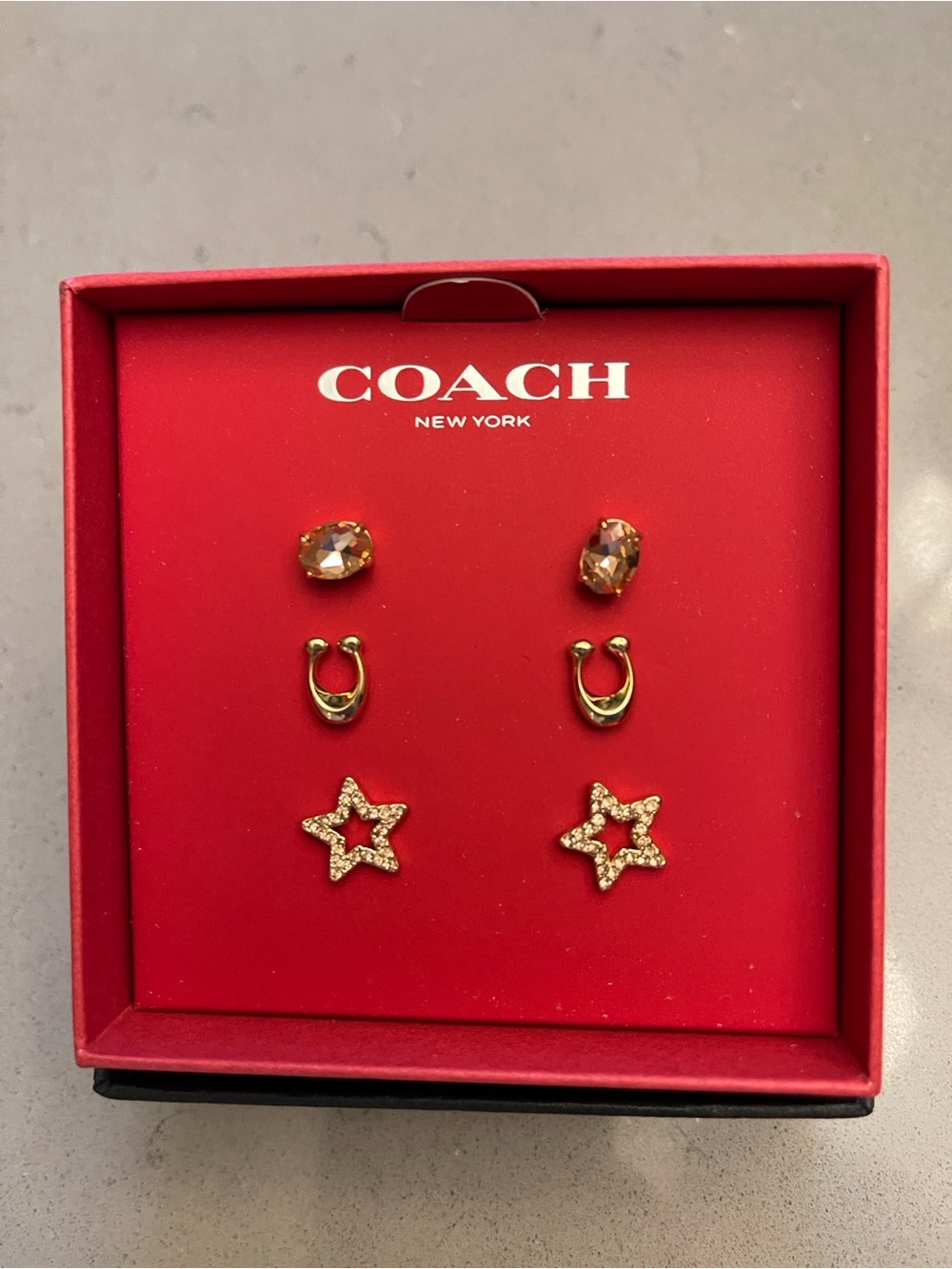 Coach Gold-Tone Star, Crystal & Hoop Earrings Set on Red - Picture 1 of 2